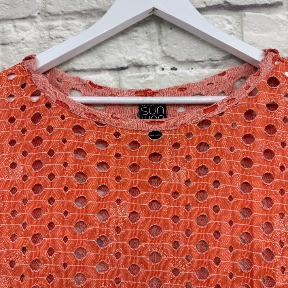 Clara Sunwoo Oversized Laser-Cut Perforated Knit Top - Coral/Orange XS - Picture 3 of 12